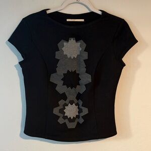 Marithe Francois Girbaud Black Short-Sleeve Top with Grey Geometric Appliqué